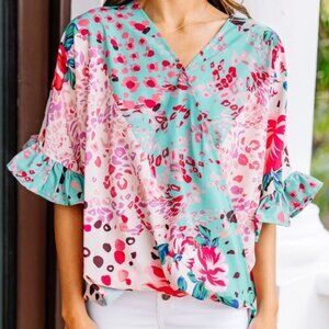 Umgee Women's Floral Animal Mixed Print Crossbody Top